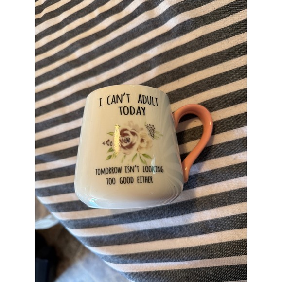 Cracker Barrel Other - Cracker Barrel I Can't Adult Today Floral Ceramic Coffee Mug White Peach Handle